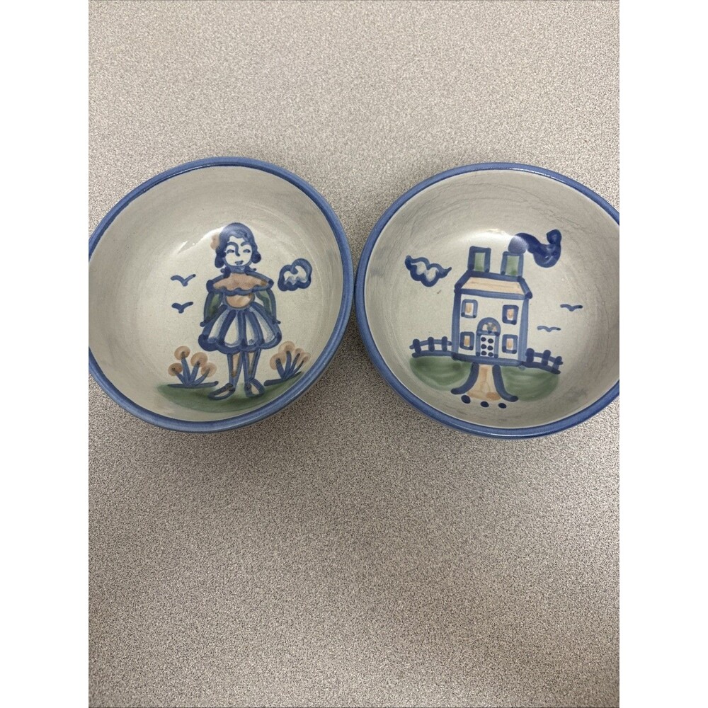 M A Hadley COUNTRY SCENE BLUE Folk Art 2 Cereal Bowls Wife and House 5 1/2 in